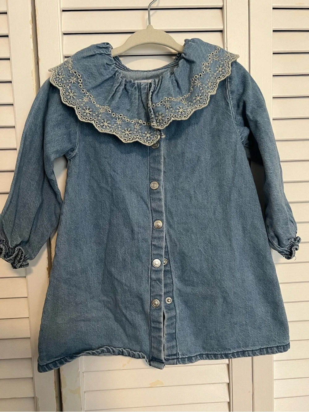 Zara Light Blue Denim Dress Jacket with Eyelet Lace Collar